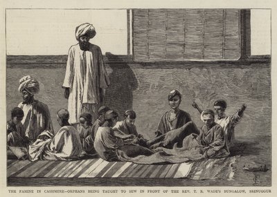 المجاعة في الكشمير ، يتعلم الأيتام الخياطة أمام البنغل TR Wade&39;s ، Srinuggur بواسطة تشارلز إدوين فريب