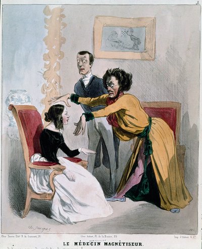 سيري "" المرضى والأطباء ": الطبيب الممغنط. رسم كاريكاتوري لمنوم مغناطيسي في خضم التنويم المغناطيسي حول مريض. نقش تشارلز جاك بواسطة تشارلز إميل جاك