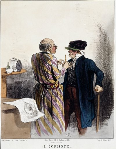 سيري "المرضى والأطباء": طبيب العيون. رسم كاريكاتوري لطبيب أثناء استشارة طبية لمريض لعينيه. نقش تشارلز جاك بواسطة تشارلز إميل جاك