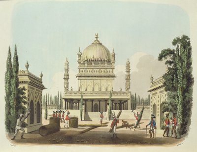 ضريح حيدر علي وتيبو سلطان ، اللوحة 49 من "رسومات شرقية" ، محفورة من قبل حانة توماس ميدلاند (1755-1823). 1806 (أكواتينت) بواسطة تشارلز إميليوس جولد
