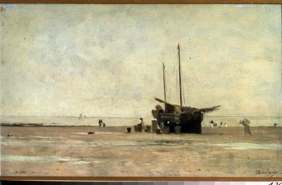 "" Seascape "" مركب شراعي على الرمال عند انخفاض المد. لوحة تشارلز فرانسوا دوبيني (1817-1878) 1868-1872 متحف بوشكين ، موسكو بواسطة تشارلز فرانسوا داوبيني