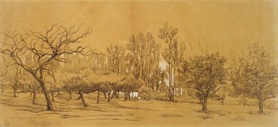 منظر لبستان في سانت دينيس (قلم وحبر أسود ، مرتفع بلون الجسم الأبيض ولمس بالطباشير الأسود أو الفحم ، على ورق أبيض باهت). بواسطة تشارلز فرانسوا داوبيني
