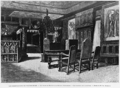 منازل فيكتور هوغو ، الصالة في منزل Hauteville في Guernsey ، كرسي الجد ، محفور بواسطة Fortune Louis Meaulle (1844-1901) بواسطة تشارلز جوسلين