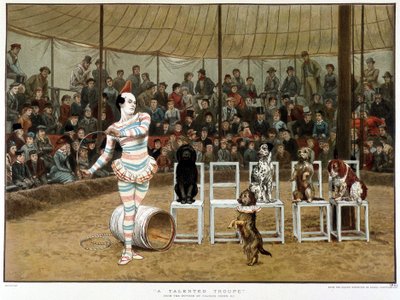 الكلاب المتعلمة: مشهد سيرك مع مهرج وكلاب - بعد تشارلز جرين ، كرومو الإنجليزي 1885. الكلاب المتعلمة: مشهد سيرك مع مهرج وكلاب - بعد تشارلز جرين ، كرومو الإنجليزية 1885. ¿ بواسطة تشارلز جرين