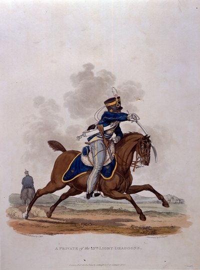 خاص من ال Dragoons الخفيف الثالث عشر ، من "أزياء جيش الإمبراطورية البريطانية ، وفقًا للوائح الأخيرة 1812" ، التي نقشها JC Stadler ، نشرتها Colnaghi und Co. 1812-15 (ملونة بواسطة تشارلز هاميلتون سميث