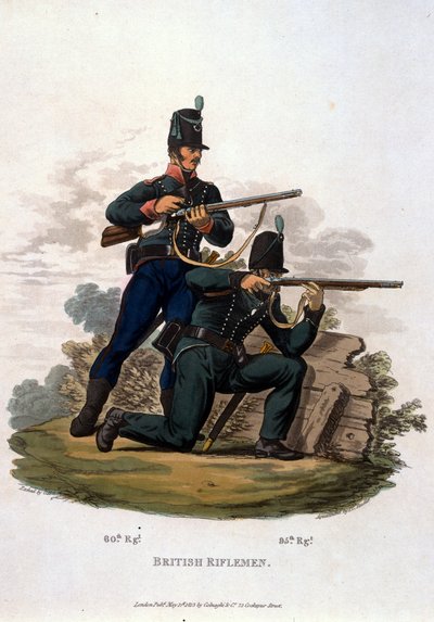 Riflemen البريطاني ، من "أزياء جيش الإمبراطورية البريطانية ، وفقًا للوائح الأخيرة 1812" ، التي نقشها JC Stadler ، نشرتها شركة Colnaghi und Co. 1812-15 (ألوان مائية) بواسطة تشارلز هاميلتون سميث
