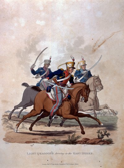 Dragoons Light يخدم جزر الهند الشرقية ، من "أزياء جيش الإمبراطورية البريطانية ، وفقًا للوائح الأخيرة 1812" ، نقشها JC Stadler ، نشرتها Colnaghi und Co. 1812-15 (اللون بواسطة تشارلز هاميلتون سميث