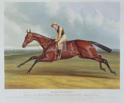 `` Blue Bonnet &39;&39; ، الفائز بسباق سانت ليجر الكبير في دونكاستر ، 1842 ، نقشها جون هاريس (c.1791-1873) ، حانة. بواسطة رودولف أكرمان ، 1842 (أكواتينت) بواسطة تشارلز هانكوك