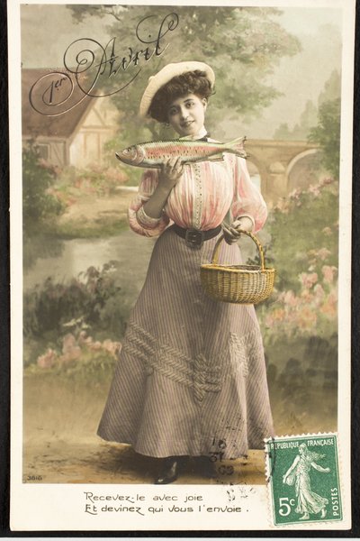 بطاقة بريدية قديمة / April Fish / Woman of the Belle Epoque بواسطة تشارلز هنري جوزيف ليكيرت