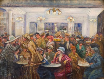 غرفة شرب LAlympia أثناء فترة الاستراحة ، c.1918 (زيت على لوح قماش) بواسطة تشارلز هنري تينري
