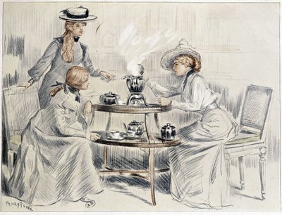 سيدات يتناولن الشاي حول السماور الصغير - رسم هنري تينري ، كاليفورنيا. 1910 بواسطة تشارلز هنري تينري
