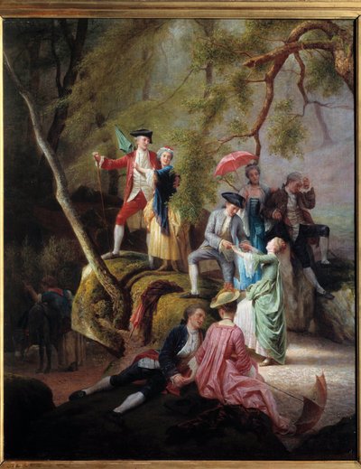 Country entertainment Gallant Scene during a walk of nobles. Painting by Charles Gustave Housez (1822-1880) 19th century. Private collection بواسطة تشارلز هاوسز