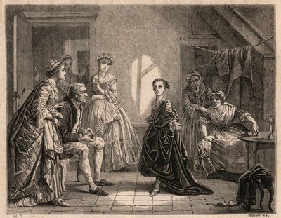 طفولة مادموزيل كليرون: الشابة كلير جوزيف (كلير جوزيف) ليريس (1723-1803) تتلو آيات المسرحية التي شاهدتها للتو. أصبحت ممثلة كوميدية تحت اسم "Mademoiselle Clairon" أو "" La Clairon ". نقش 1862 من الرسام بواسطة تشارلز هاوسز