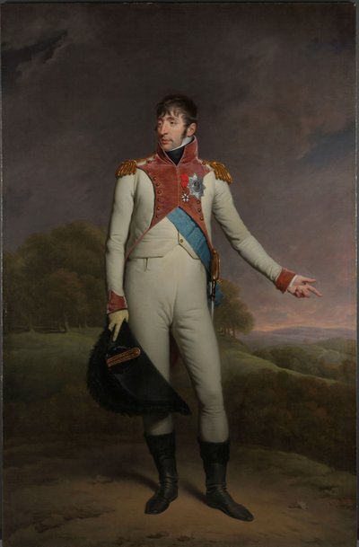 صورة لويس نابليون ملك هولندا لويس نابليون (1778-1846) ، ملك هولندا من 1806 إلى 1810 ، مرتديًا زي حراس النجاة سيرًا على الأقدام ، ومزينًا بالصليب الكبير للنظام الملكي لاتحاد هولندا وضباط الصليب في L بواسطة تشارلز هوارد هودجز