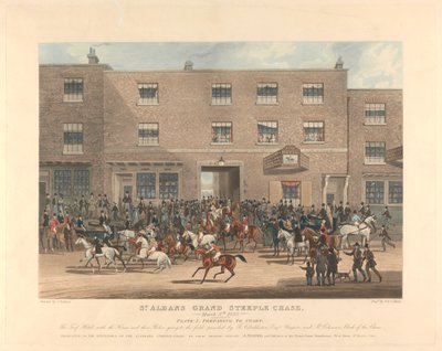 مطاردة برج الكنيسة [مجموعة من ستة]: مطاردة القديس ألبانز جراند ستيبل. / 8 آذار (مارس) 1832. اللوحة 1. الاستعداد للبدء ... بواسطة تشارلز هانت