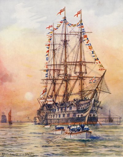 HMS Victory (مطبوعة حجرية ملونة) بواسطة تشارلز جون دي لاسي
