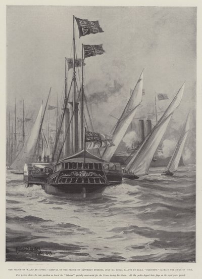 أمير ويلز في كاوز ، وصول الأمير مساء السبت ، 30 يوليو ، التحية الملكية من قبل HMS Crescent ، النقيب دوق يورك بواسطة تشارلز جون دي لاسي