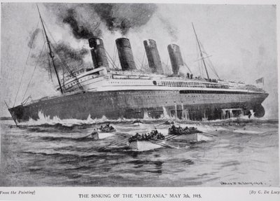 غرق لوسيتانيا ، 7 مايو 1915 ، توضيح من "قصة هتشنسون عن الأمة البريطانية" ، ج 1920 بواسطة تشارلز جون دي لاسي