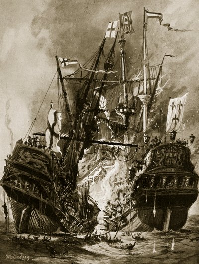 حرق "ريجنت" ، 1512 ، رسم توضيحي من "قصة هتشنسون للأمة البريطانية" ، ج .1923 بواسطة تشارلز جون دي لاسي