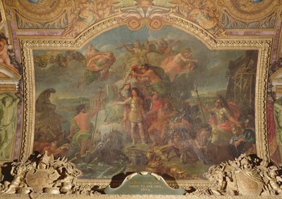 الملك لويس الرابع عشر (1638-1715) يحمل السلاح في البر والبحر في عام 1672 ، لوحة السقف من Galerie des Glaces بواسطة تشارلز لو برون