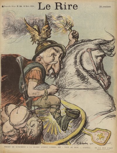 كاريكاتير لرئيس الوزراء الفرنسي إيميل كومتس باسم أتيلا الهون. رسم توضيحي لـ Le Rire بواسطة Charles Leandre