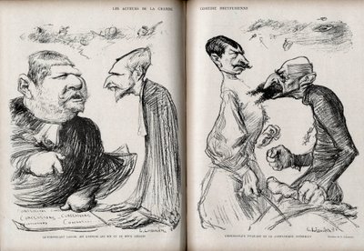 قضية دريفوس - ممثلو كوميديا دريفوسيان العظيمة - المحامي فرناند لابوري (1860-1917) - المحامي لويس ليبلوا (1854-1928) - القائد فرديناند والسين إسترهازي (1847-1923) - الجنرال جورج بيكوارت (1854-1914) ) - كاريكاتير لشارل بواسطة تشارلز ليندر