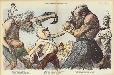 Emile Combes يحاول إبقاء Camille Pelletan و Maurice Rouvier منفصلين ، التوضيح لو Le Rire بواسطة Charles Leandre