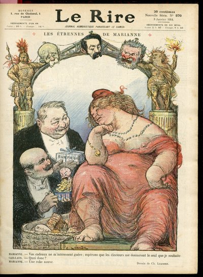رسم توضيحي لتشارلز ليندر (1862-1934) لغلاف Le Rire ، 14/03/01 - Les strennes de Marianne - Tribun - Clemenceau George ، Jaures Jean ، Briand Aristide ، Marianne ، Caillaux Joseph (1863-1944) بواسطة تشارلز ليندر
