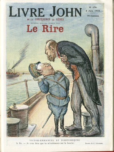 رسم توضيحي لتشارلز ليندري (1862-1934) لغلاف Le Rire ، 22/03/06 - إيطاليا ، اتحاد الجمهوريات الاشتراكية السوفياتية - فيكتور عمانويل 1er ، Gueorgui Titcherine (1872-1936) بواسطة تشارلز ليندر