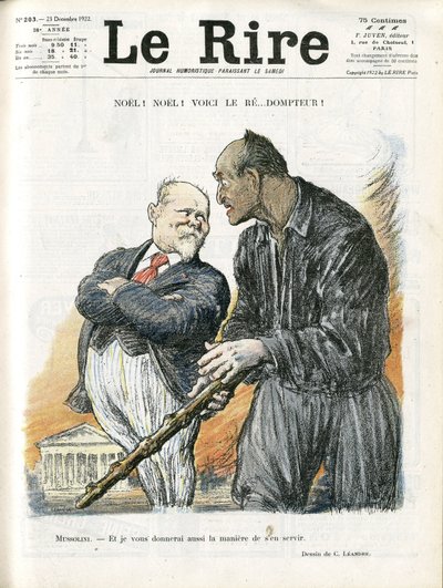 رسم توضيحي لتشارلز ليندر (1862-1934) لغلاف Le Rire ، 23/12/22 - نويل نويل - رئيس الجمهورية - بوانكاريه ريموند ، موسوليني بينيتو ، تامر بواسطة تشارلز ليندر