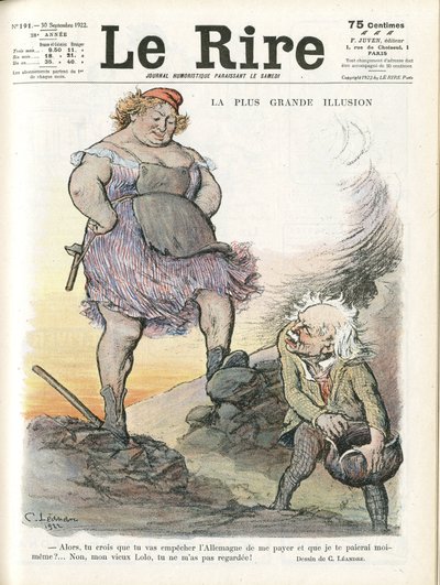 رسم توضيحي لتشارلز ليندر (1862-1934) لغلاف Le Rire ، 30/09/22 - أعظم وسام - ألمانيا ، بروسيا ، إنجلترا ، بريطانيا العظمى ، التعويضات - ماريان ، ديفيد لويد جورج (1863-1945) - تريفياليت بواسطة تشارلز ليندر