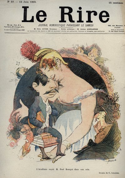 بول بورجيه (1852-1935) الكاتب الفرنسي - الأكاديمية (الفرنسية) يستقبل بول بورجيه في حضنه - رسم كاريكاتوري لتشارلز لياندر (1862-1934) في "Le Rire" في 15 يونيو بواسطة تشارلز ليندر