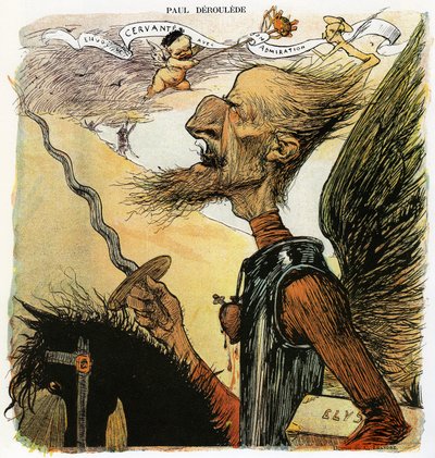 Paul Deroulede (1846-1914), French writer and nationalist activist, an important actor in antidreyfusism, caricature by Charles Leandre as a knight Don Quixote: going to fight against windmills, he carries under his arm a suitcase marked “Elysee””” - Drawi بواسطة تشارلز ليندر