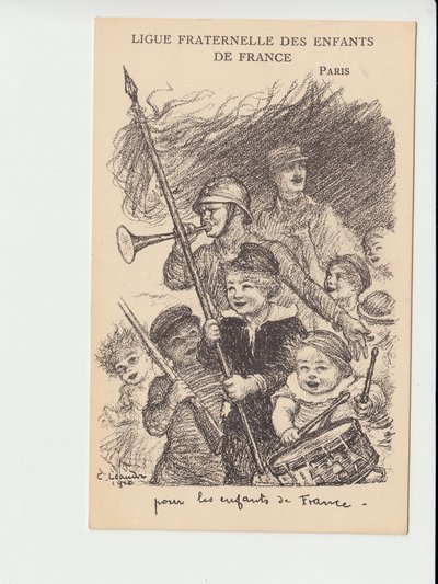 Postcard, Satirique en N & B: Ligue fraternelle des enfants de France - War of 14 -18, Music, Childhood, Ligue fraternelle des enfants de France - Soldiers Illustration by Charles Leandre (1862-1934) بواسطة تشارلز ليندر