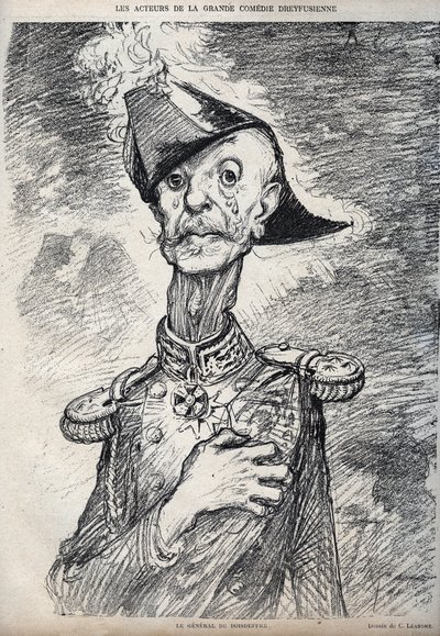 ممثلو الكوميديا Dreyfussian العظيمة - صورة راؤول لو موتون دي بوازديفري (الجنرال دي بوازديفري) (1839-1919) ، الجيش الفرنسي - رسم كاريكاتوري لتشارلز ليندر (1862-1934) في "" Le Rire "" "1898 بواسطة تشارلز ليندر