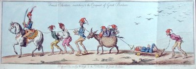 المتطوعون الفرنسيون يسيرون في مسيرة غزو بريطانيا العظمى ، حفرها جيمس جيلراي (1757-1815) التي نشرتها هانا همفري في عام 1803 (نقش ملون يدويًا) بواسطة تشارلز لورين (بعد) سميث