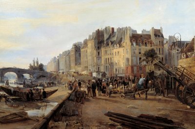 جسر ماري وميناء سانت بول حوالي عام 1825. منظر لباريس. التفاصيل. لوحة تشارلز لويس موزين (1806-1862) بواسطة تشارلز لويس موزين