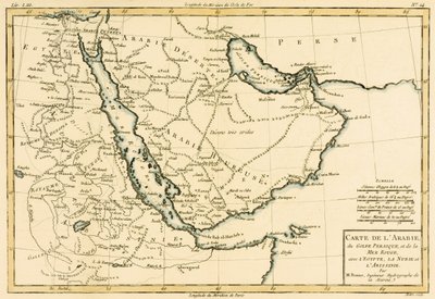 شبه الجزيرة العربية والخليج الفارسي والبحر الأحمر ، مع مصر والنوبة والحبشة ، من "أطلس دي توتس ليه كونتينس دو غلوب تيريستر" بقلم غيوم راينال (1713-96) المنشورة جنيف ، 1780 (ملونة بواسطة تشارلز ماري ريغوبرت بون