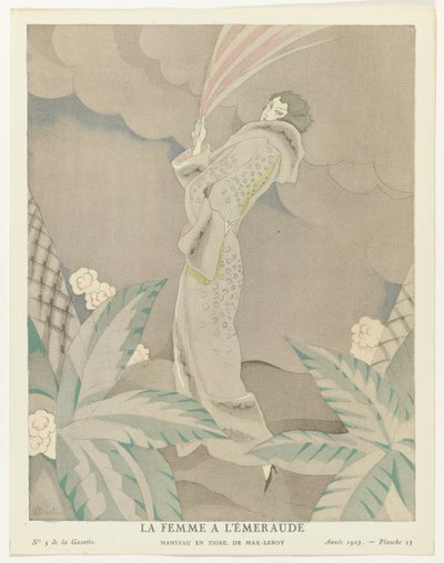 Gazette du Bon Ton 1923، No. 5، Pl. 23: The Emerald Woman - Tiger coat ، بقلم ماكس ليروي (العنوان على الجسم) بواسطة تشارلز مارتن