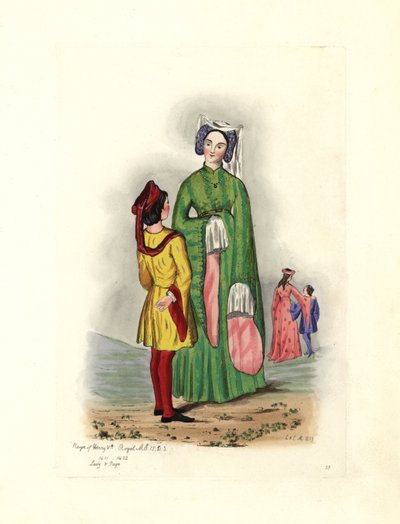 زي نسائي نموذجي في زمن هنري الخامس ، رسم توضيحي من "أزياء إنجلترا المدنية من الفتح إلى أيامنا" بواسطة تشارلز مارتن