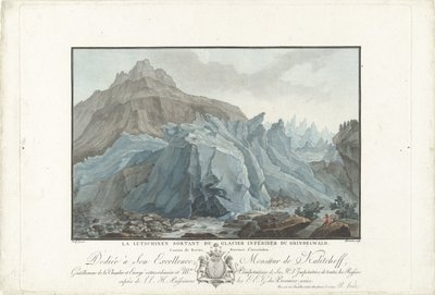 Gletsjer bij Grindelwald خروج Lutschinen من أسفل نهر Grindelwald الجليدي. كانتون برن ، مقاطعة إنترلاكن (العنوان على القطعة) مناظر رائعة لجبال سويسرا (عنوان السلسلة) بواسطة تشارلز ملكيور ديسكورتيس