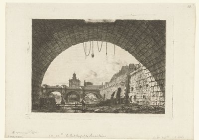 Gezicht op Pont-Neuf van onder boog Pont-au-Change في باريس ال Pont Neuf و Samaritaine من تحت القوس الأول من Pont au Change بواسطة تشارلز ميريون