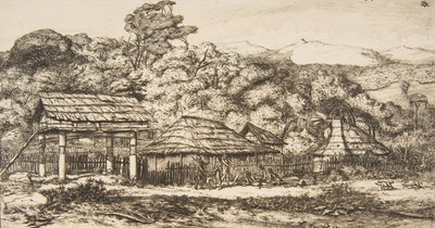 الحظائر والأكواخ الأصلية في أكاروا ، شبه جزيرة البنوك ، 1845 ، 1860. بواسطة تشارلز ميريون