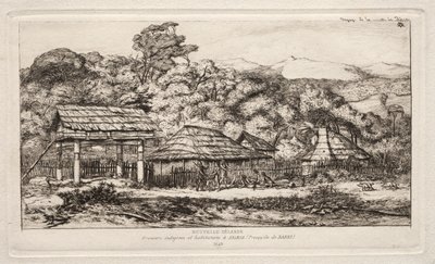الحظائر الأصلية والأكواخ في أكاروا ، شبه جزيرة بانكس ، 1845 ، 1865. بواسطة تشارلز ميريون