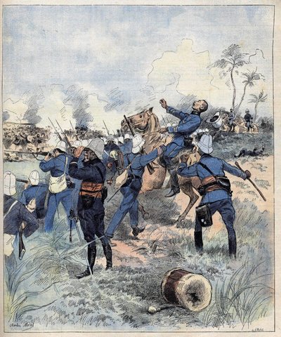 توفي القائد Faurax في معركة دوجبا في 19 سبتمبر 1892 في داهومي (بنين الآن) بعد Aquerelle de Morel عام 1892. بواسطة Charles Morel