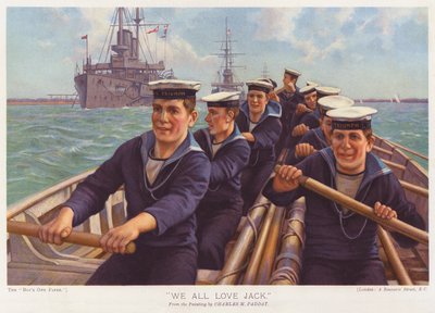 بحارة من سفينة HMS Triumph يجدفون عبر الميناء (صورة حجرية ملونة) بواسطة تشارلز موراي (بعد) باداي
