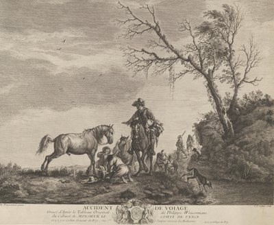 حادث أثناء السفر ، رجل راكع يصلح سرجًا مكسورًا ، حصان يتبول في ... ، 1740-50. بواسطة تشارلز نيكولاس كوتشين