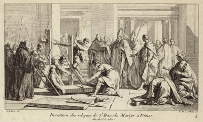 اكتشاف رفات القديس بوديل الذي استشهد في نيم عام 250 (نقش) بواسطة تشارلز نيكولاس الثاني كوتشين