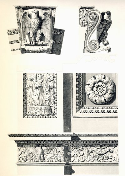 Decoration with eagles, rosettes and acanthus leaves for Arc de Triomphe du Carrousel, by Charles Percier (1764-1838) and Pierre Francois Leonard Fontaine (1762-1853), engraving by Louis Pierre Baltard (1764-1846), detail, France بواسطة تشارلز بيرسييه