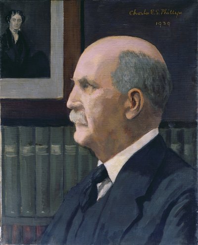وليام هنري براج (1862-1942) مع صورة لمايكل فاراداي (1791-1867) في الخلفية ، 1939 بواسطة تشارلز فيليبس